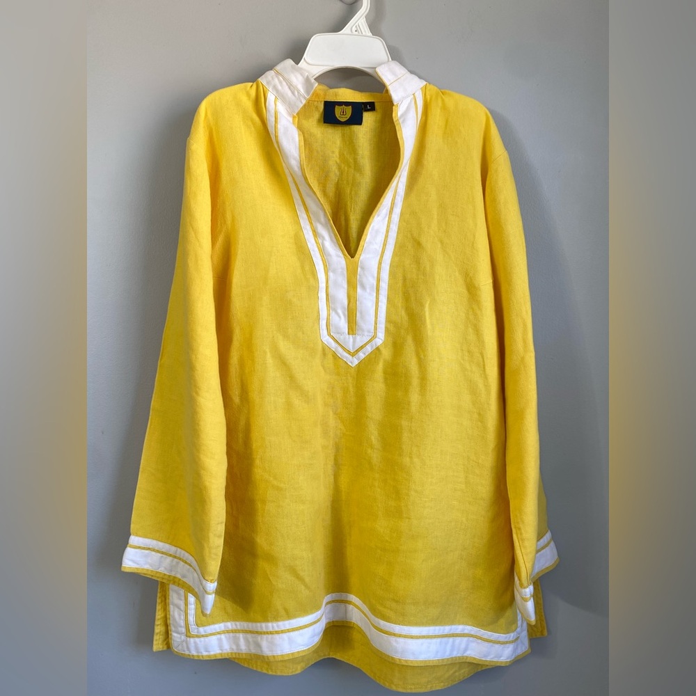 Women's 100% V Neck Linen Yellow Sunshine Pullover Tunic Shirt Blouse Size L